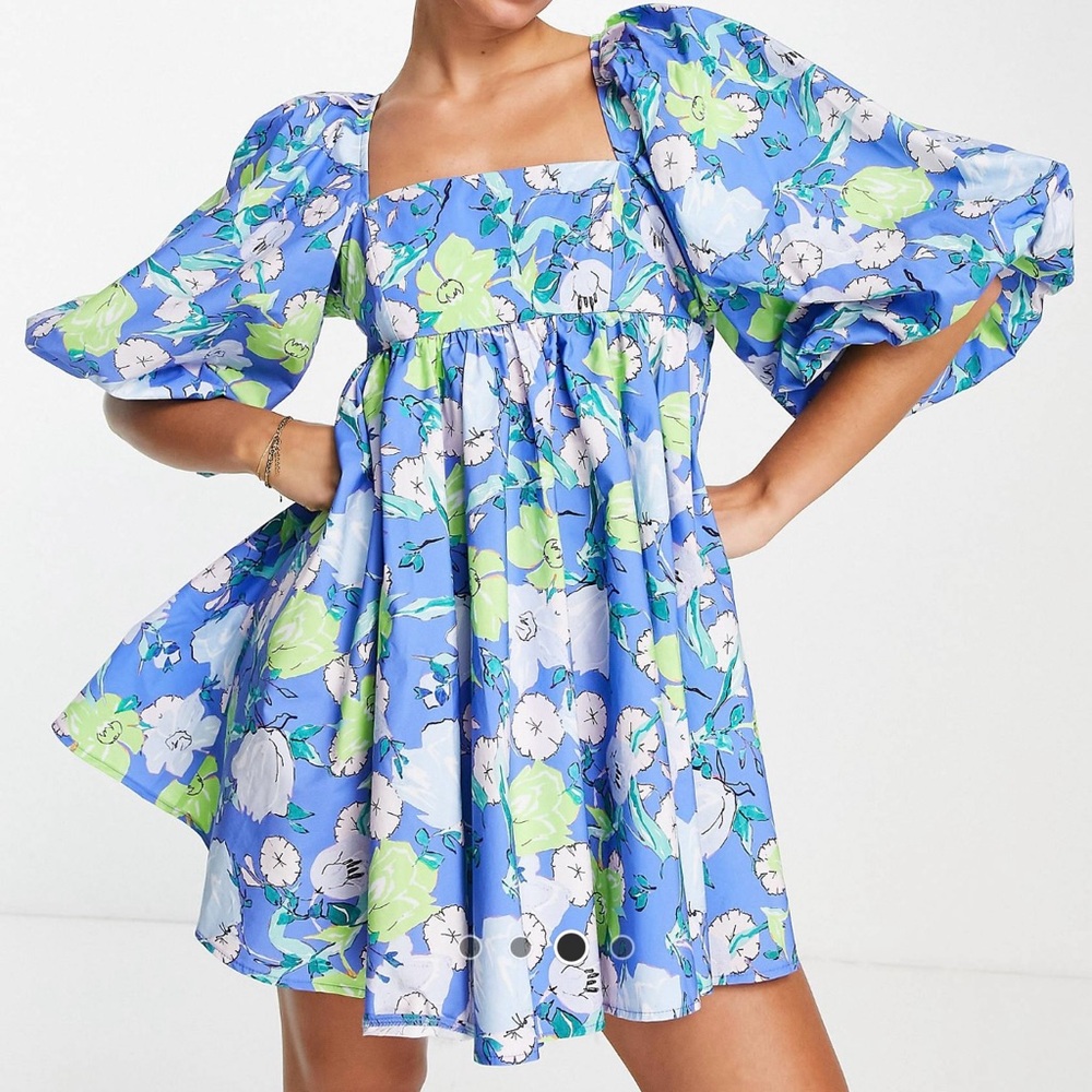 Puff Sleeve Mini Dress - Blue Floral